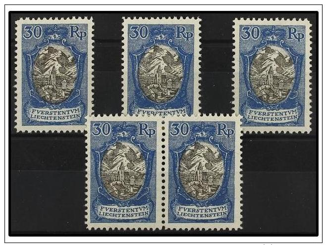 ** LIECHTENSTEIN. Mi.64 (5). 1925. 30 Rp. Blue And Black. 5 Stamps, Never Hinged. Michel.225&euro;. - Sonstige & Ohne Zuordnung