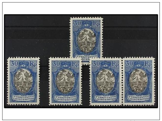 ** LIECHTENSTEIN. Mi.64. 1912. 30 Rp. Blue And Black. 5 Stamps. Retouch Zu. N&ordm; 18, 20, 23, 24 And... - Sonstige & Ohne Zuordnung