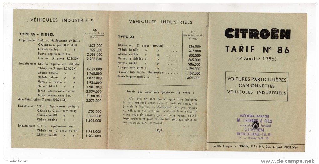 Publicité - Citroën - Tarif N°86 - 1956 - Modern Garage, M. Legrand &amp; Fils, Brioude - Publicités