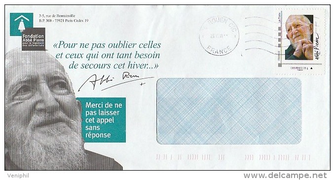 LETTRE FONDATION ABBE PIERRE AVEC TIMBRE AUTOADHESIF CONCORDANT.- 2010 - Tegen De Honger