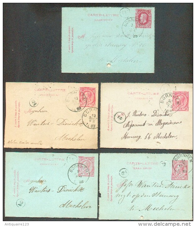 Lot De 5 E.P. Carte-lettre 10 Centimes Emission 1869 Et 1884 Obl. Par La Cachet Sc De BORNHEM + Boîte W Ou TV Vers Meche - Kartenbriefe