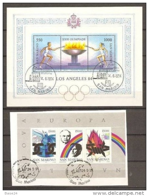 1984  1991 San Marino  Saint Marin OLIMPIADI LOS ANGELES E NUOVA EUROPA 2 FogliettI Di 3v. Usati Con Gomma Annullo FDC - Blocchi & Foglietti