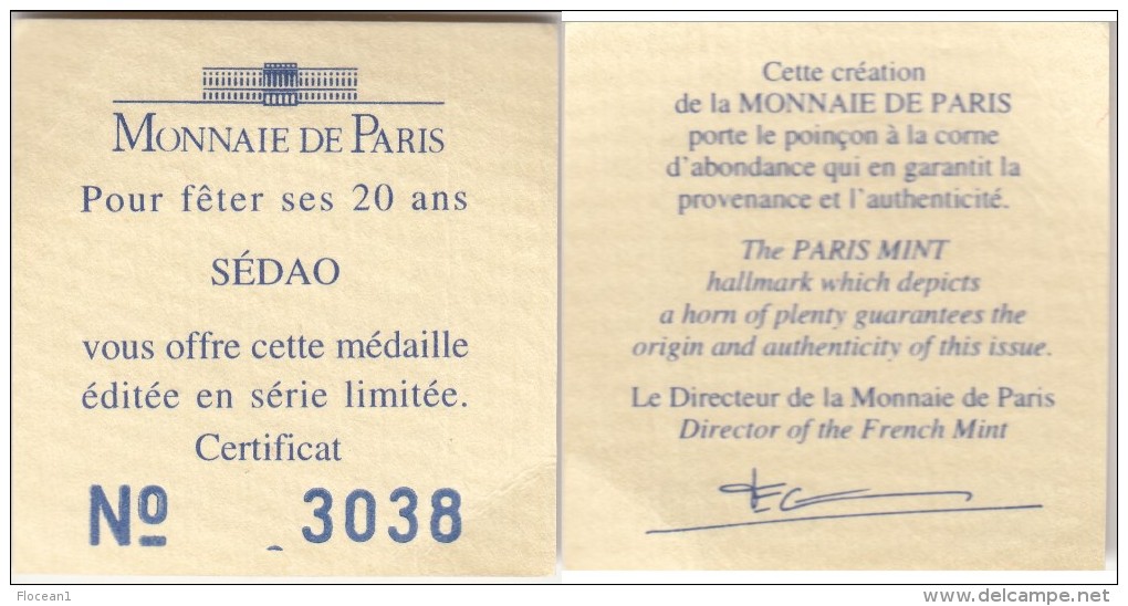 *** 93 - SEDAO 1998 - 20ème ANNIVERSAIRE DE SEDAO 1978-1998 AVEC CERTIFICAT - MONNAIE DE PARIS *** EN ACHAT IMMEDIAT !!! - Non-datés