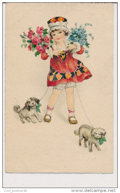 PETERSEN, CHILDREN, LITTLE GIRL WITH FLOWERS, PUPPY DOGS,  EX Cond. Litho PC, Used,  1930?, UNSIGNED - Petersen, Hannes