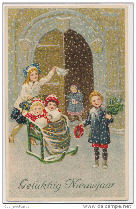 BAUMGARTEN?, NEW YEAR, CHILDREN IN SNOW, SLED  EX Cond. Litho PC, Used,  1929, UNSIGNED - Baumgarten, F.