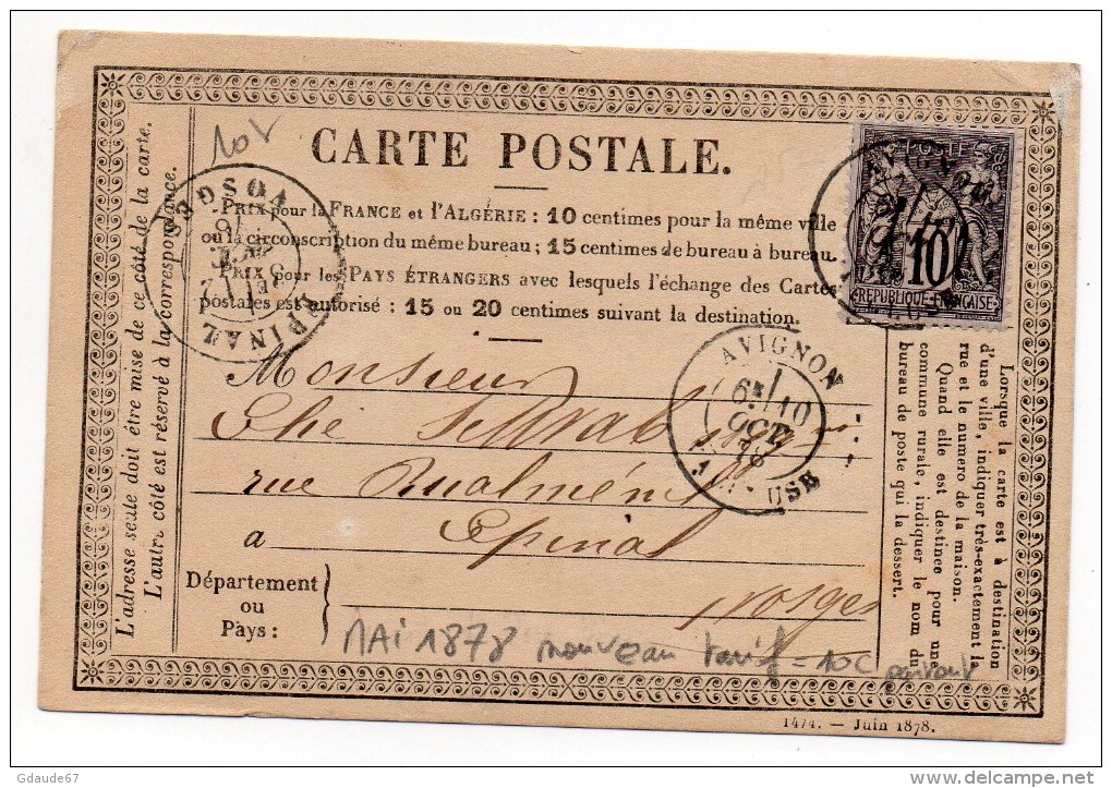 1878 - CARTE PRECURSEUR De AVIGNON (VAUCLUSE) Avec SAGE - 1877-1920: Période Semi Moderne