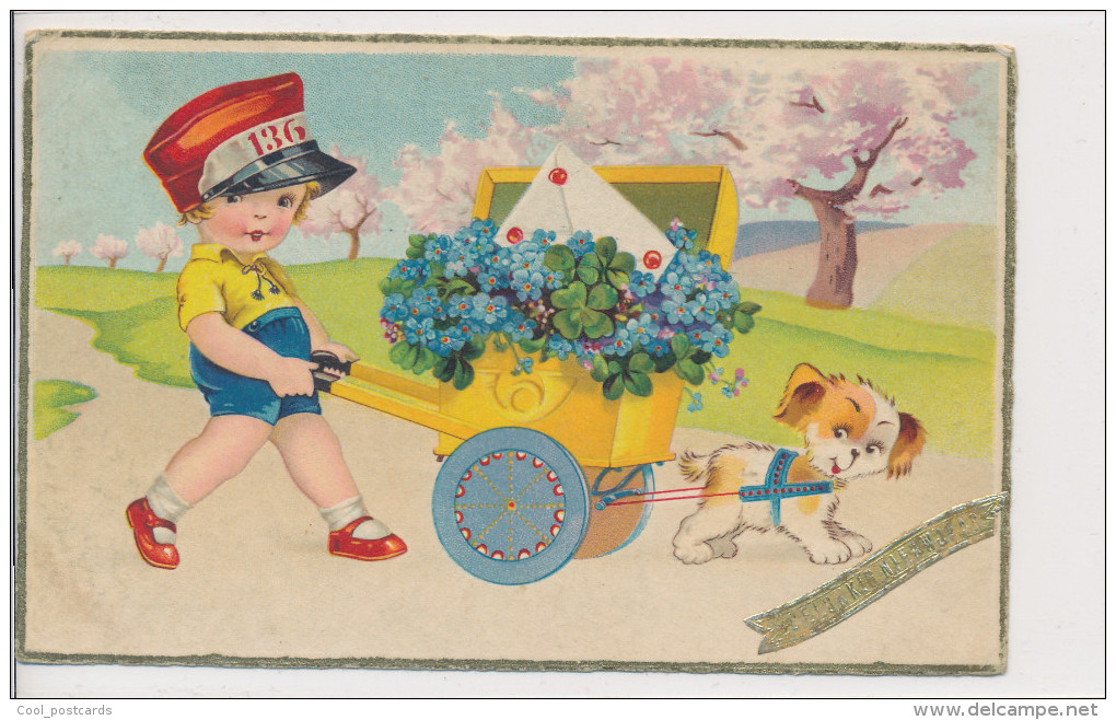 BAUMGARTEN?, LITTLE BOY WHEELBARROW OF FLOWERS, PUPPY DOG,  EX Cond. Litho PC, Used,  1934, UNSIGNED - Baumgarten, F.