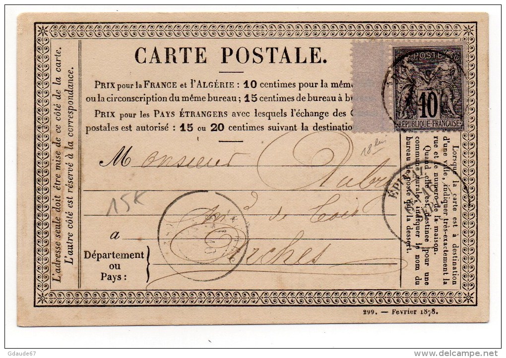 1878 - CARTE PRECURSEUR D'EPINAL (VOSGES) Avec BORD DE FEUILLE SAGE - 1877-1920: Période Semi Moderne