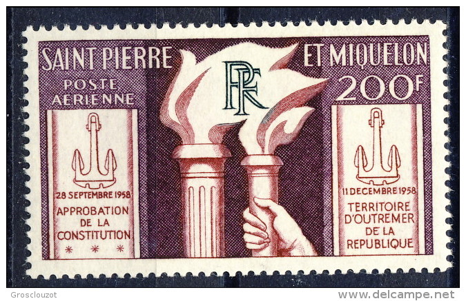 S. Pierre Et Miquelon Posta Aerea 1959 N. 26 Fr 200 Costituzione MNH Catalogo € 19 - Nuovi