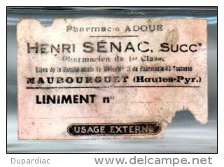 Bouteille De Liniment, Pharmacie ADOUE, HENRI SENAC Succ., Pharmacien à MAUBOURGUET (Hautes Pyrénées). - Kosmetika