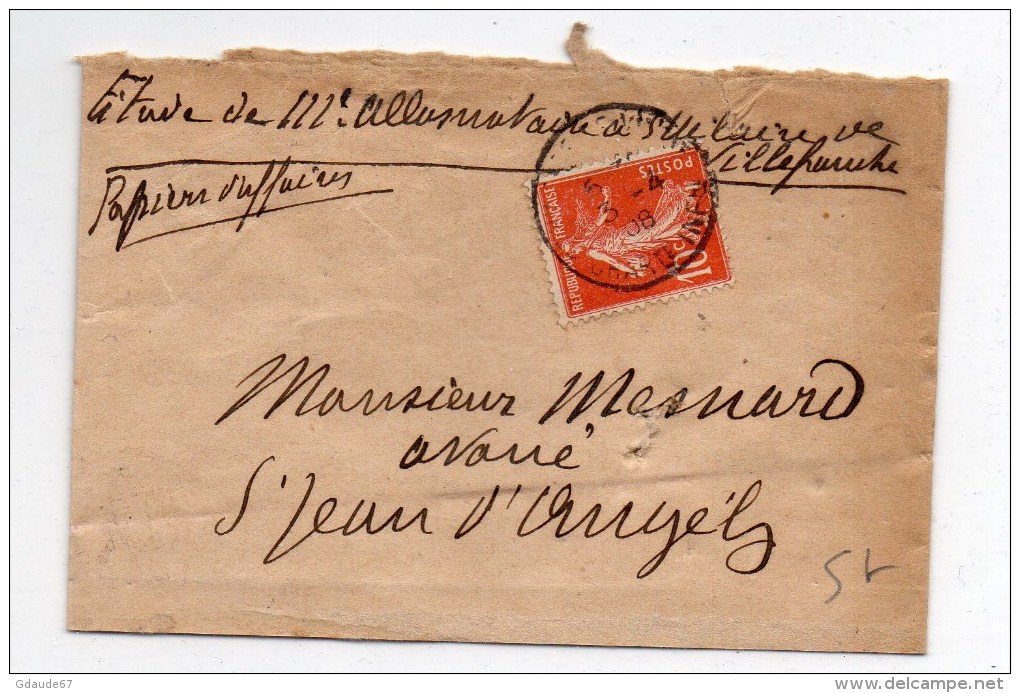 1908 - PETITE ENVELOPPE PAPIERS D'AFFAIRES De SAINT HILAIRE DE VILLEFRANCHE (CHARENTE MARITIME) - 1877-1920: Période Semi Moderne