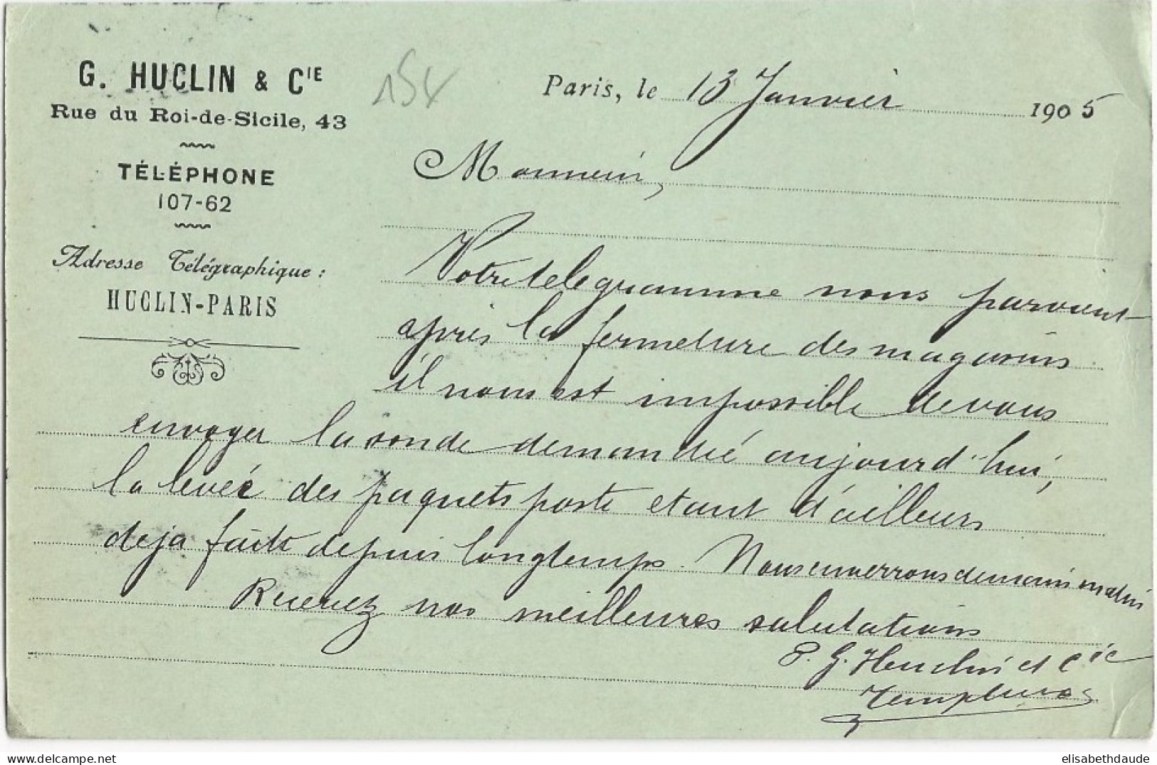 1905 - CARTE ENTIER TYPE SEMEUSE Avec REPIQUAGE De "HUCLIN" à PARIS Pour ST DIDIER (VAUCLUSE) - AK Mit Aufdruck (vor 1995)