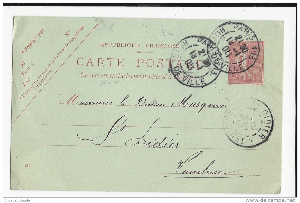 1905 - CARTE ENTIER TYPE SEMEUSE Avec REPIQUAGE De "HUCLIN" à PARIS Pour ST DIDIER (VAUCLUSE) - Cartoline Postali Ristampe (ante 1955)