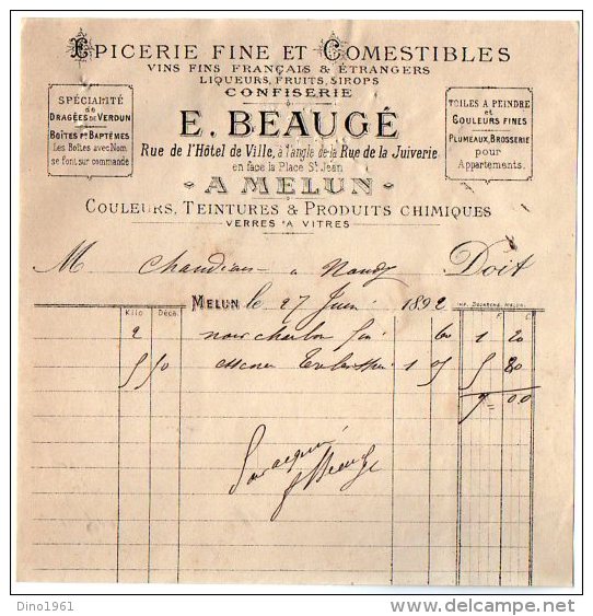 VP3760 - Facture - Epicerie Fine & Comestible , Confiserie E. BEAUGE à MELUN - 1800 – 1899