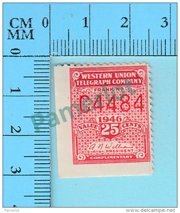 US - WESTERN UNION TELEGRAPH STAMPS - Frank No C4484 - 25 Cents 1946 - 2 Scans - Fiscali