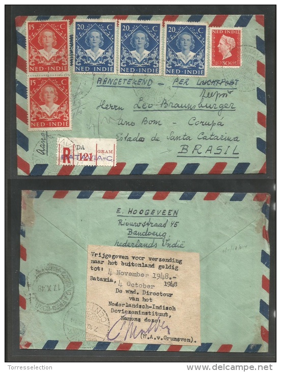 DUTCH INDIES. Cartas. 1948 (7 Oct). Batavia - C - Brazil, Corupa, Sta Catharina (17 Oct). Reg Air Fast Tripmultifkd E... - Niederländisch-Indien