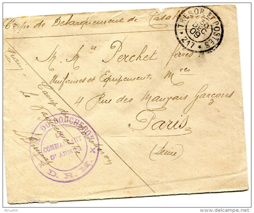 MAROC Cachet Violet CAMP DU BOUCHERON D.R.M. Le Commandant + CAD Trésor Et Postes Secteur 217 Du 30.9.1909   ..G - Marokko (1956-...)