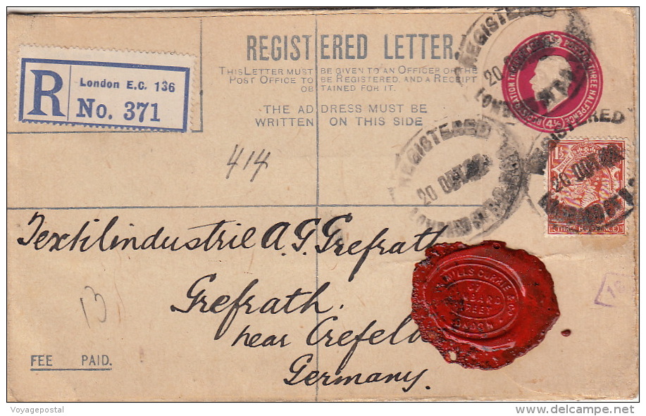 Lettre Recommandé Entier CaD Londres Pour Crefeld 1922 >> Timbre Perforé - Cartas & Documentos