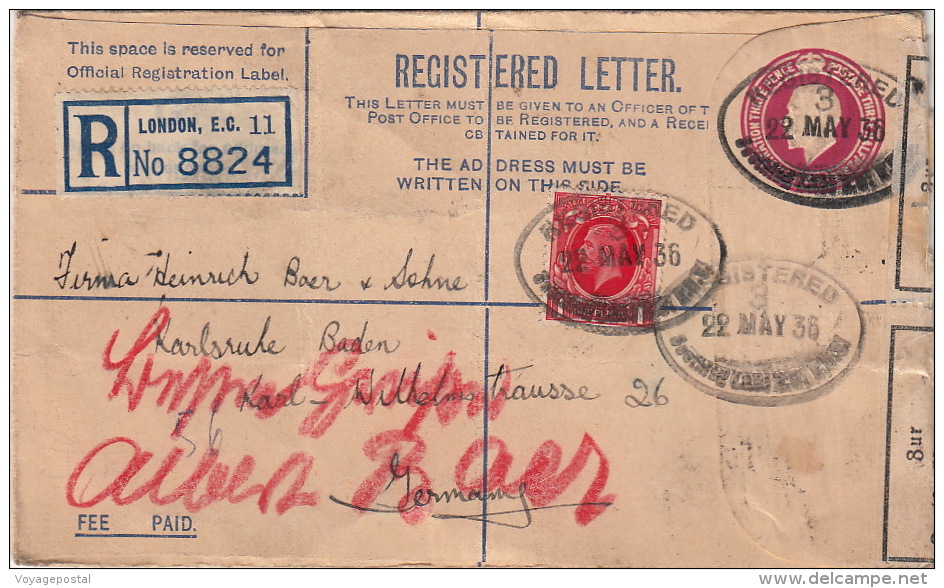 Lettre Recommandé Entier CaD Londres Pour Baden 1936 - Covers & Documents
