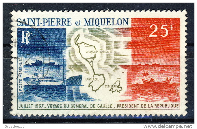 S. Pierre Et Miquelon Posta Aerea 1967 N. 38 Fr 25 Viaggio Di De Gaulle USATO Catalogo € 18,50 - Usati