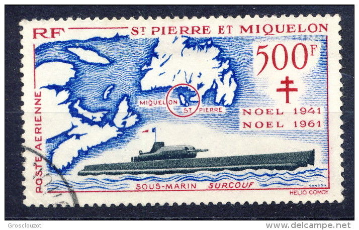 S. Pierre Et Miquelon Posta Aerea 1962 N. 28 Fr 500 Sottomarino  USATO Catalogo € 115 - Usati