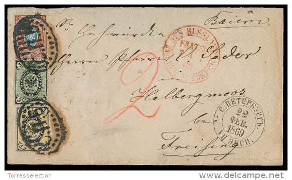 RUSSIA. Cartas. 1869 (27 Feb). St- Petersburg - Germany / Freiling. Tricolor Spectacular Fkd Env. VF. - Otros & Sin Clasificación