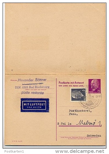 WINTER'S VACATION MALMÖ 1969 On East German Postal Card With Reply P74 - Autres & Non Classés