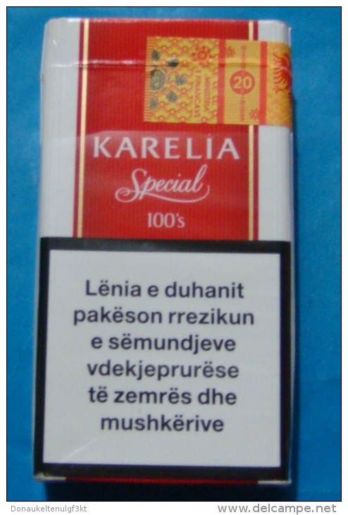 KARELIA SPECIAL 100's EMPTY HARD PACK CIGARETTES WITH ALBANIA FISCAL REVENUE STAMP. - Tabaksdozen (leeg)