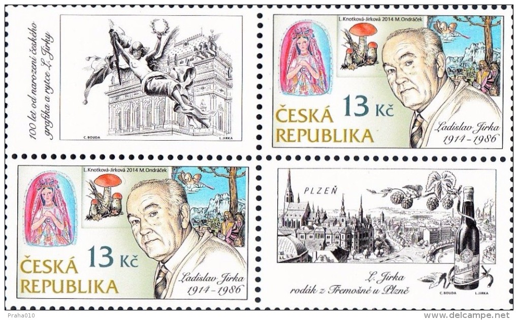 Czech Rep. / Stamps (2014) 0795 (2x) K1L+K2P: Ladislav Jirka (1914-1986) (Bridesmaid; Leccinum Versipelle; Rosary Feast) - Nuevos