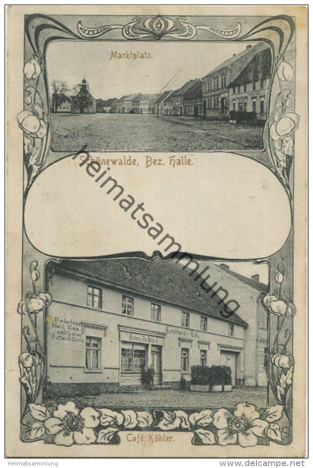 Schönewalde Bezirk Halle - Marktplatz - Cafe Köhler - Verlag C. G. Rademacher Luckenwalde Gel. 1908 - Schoenewalde