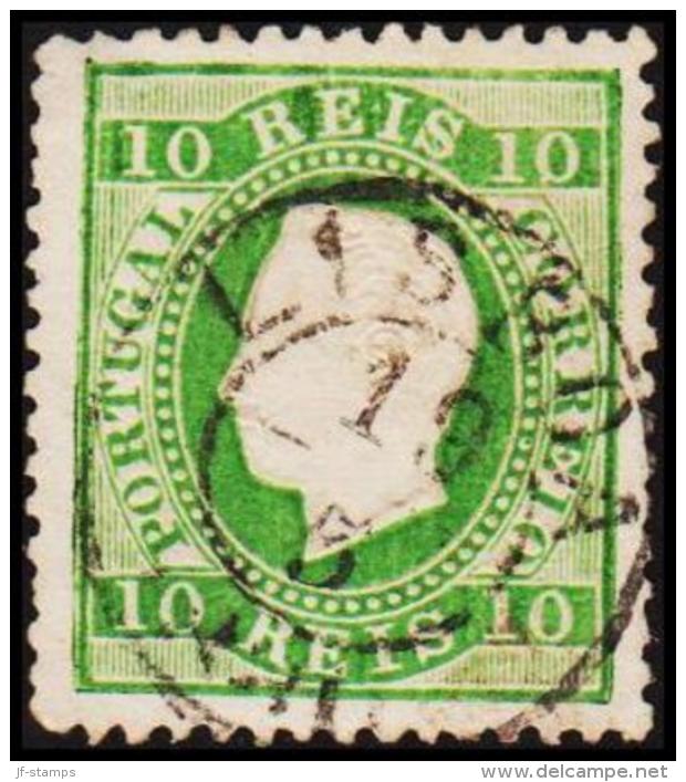 1880. Luis I. 10 REIS Perforated 12½. Yellow-green. Thin Spot. (Michel: 47bC) - JF193338 - Gebruikt