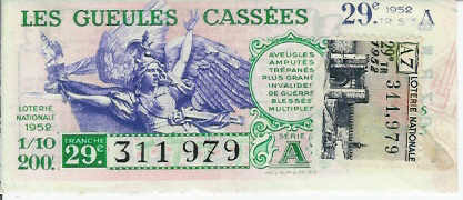 LOTERIE NATIONALE 1952: Gueules Cassées, Timbre Fes, TR 29 Série A7 - Billets De Loterie