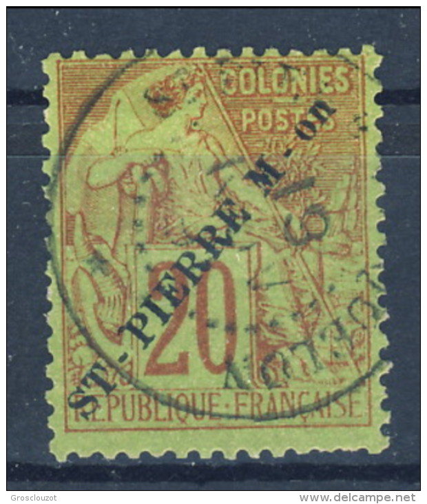 S. Pierre Et Miquelon 1891 N. 24 C. 20 Rosso Mattone Su Verde, Sovrastampa Obliqua USATO Catalogo € 120 - Oblitérés