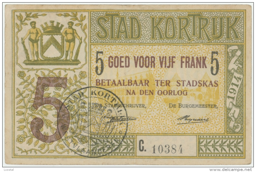 Belgium, Kortrijk 5 Fr.1914 #4,5mm High, Debelder KO24,VF,perf.PAYÉ - Other & Unclassified