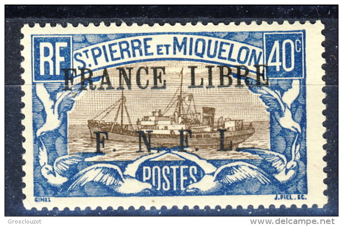 S. Pierre Et Miquelon 1941-42 N. 237 C. 40 Bruno E  Azzurro Sovrastampa Nera France Libre FNFL MLH Catalogo € 25 - Nuovi