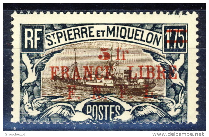 S. Pierre Et Miquelon 1941-42 N. 245 Fr 5 Su 1,75 Nero E Bruno Sovrastampa Rossa France Libre FNFL MLH Catalogo € 30 - Nuovi