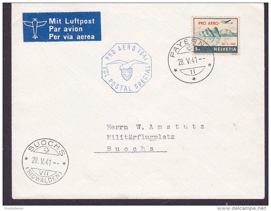 Switzerland LUFTPOST Label PRO AERO Vol Postal Special 1st Flight PAYERNE 1941 Cover Lettera BUOCHS Nidwalden - Erst- U. Sonderflugbriefe