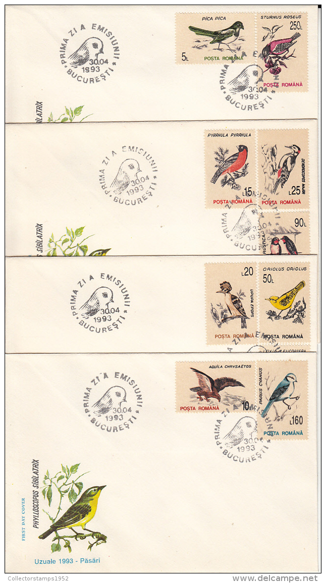 39763- HOOPOE, ORIOLE, CROSSBILL, WOODPECKER, SWALLOW, BIRDS, COVER FDC, 4X, 1993, ROMANIA - Piciformes (pájaros Carpinteros)