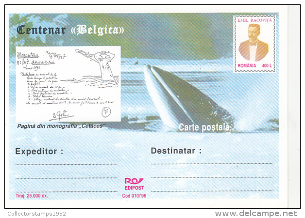 39826- BELGICA ANTARCTIC EXPEDITION CENTENARY, WHALE, RACOVITA, POSTCARD STATIONERY, 1998, ROMANIA - Antarctische Expedities