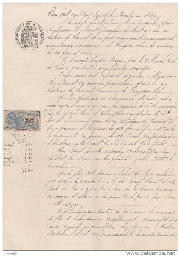 Manuscrit 31/3/1906 Château De Laurent  PRAYSSAC Lot - Sévices Et Injures Graves - Timbre Fiscal Copies Papier Filigrane - Manuscripts