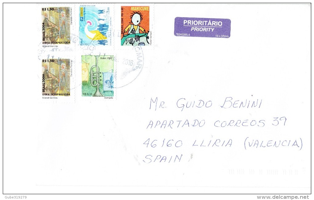 BRAZIL  - 2016 - COVER FLOWN TO SPAIN WITH 5 STS 2 OF 1,50 CR(CANDIDO PORTINARI-MARCEL GONTRAU(2004)- 1 OF 2,00 Cr(MARK - Covers & Documents