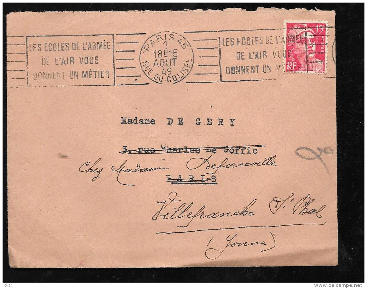 15 Centimes Gandon Sur Lettre Oblitéré Paris 45 Rue Du Colisée - Les écoles De L'armée / De L'air ..... Ah10104 - 1945-54 Marianne De Gandon