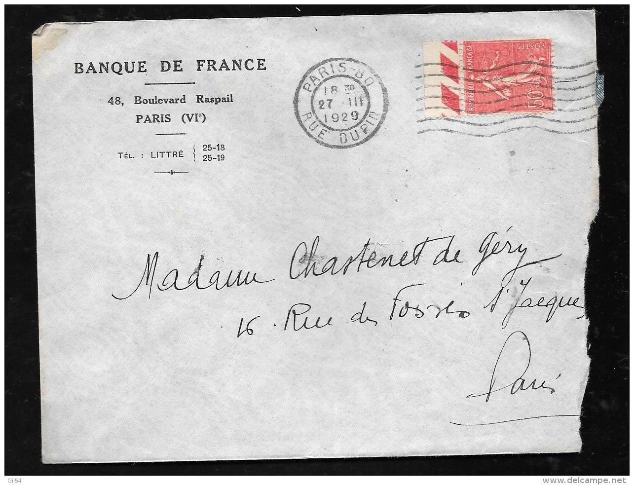 YVERT 198 SUR LETTRE OBLIT2R2 PARIS - 80  - Rue Dupin   En 1929..... Ah10105 - 1903-60 Semeuse Lignée