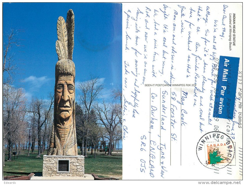 Indian Head Statue, Winnipeg Beach, Manitoba, Canada Postcard Posted 1999 Stamp - Winnipeg