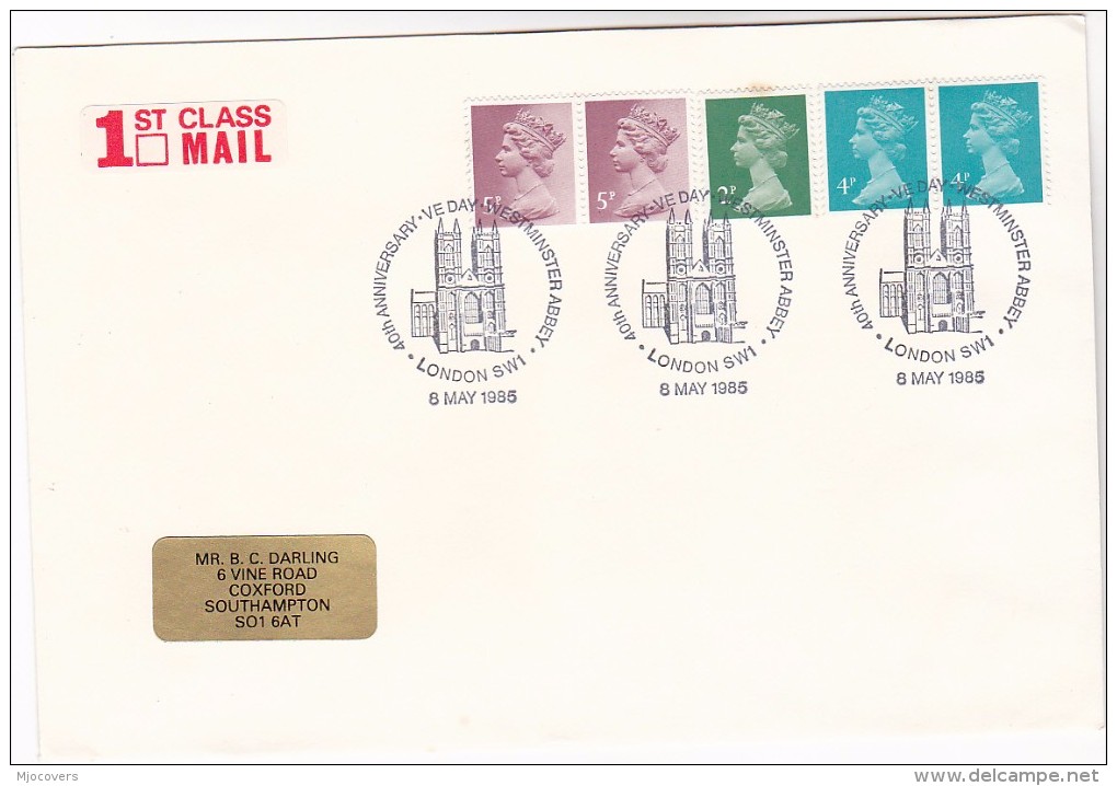 1985 GB VE DAY 40th Anniv COVER WESTMINSTER ABBEY EVENT Pmk Religion Christianity Church WWII - WW2