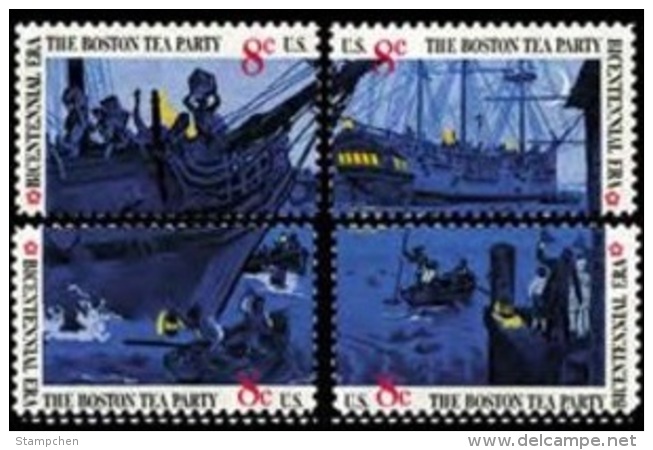 USA 1973 British Merchantman Boston Tea Party Stamps Sc#1480-83 Harbor Ship Tax History - Other & Unclassified