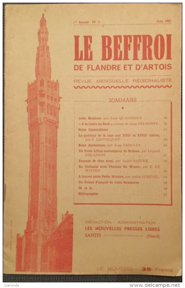 Le Beffroi De Flandre Et D´Artois Revue Mensuelle  Régionaliste 1ère Année N° 2 - Juin 1947 - Picardie - Nord-Pas-de-Calais