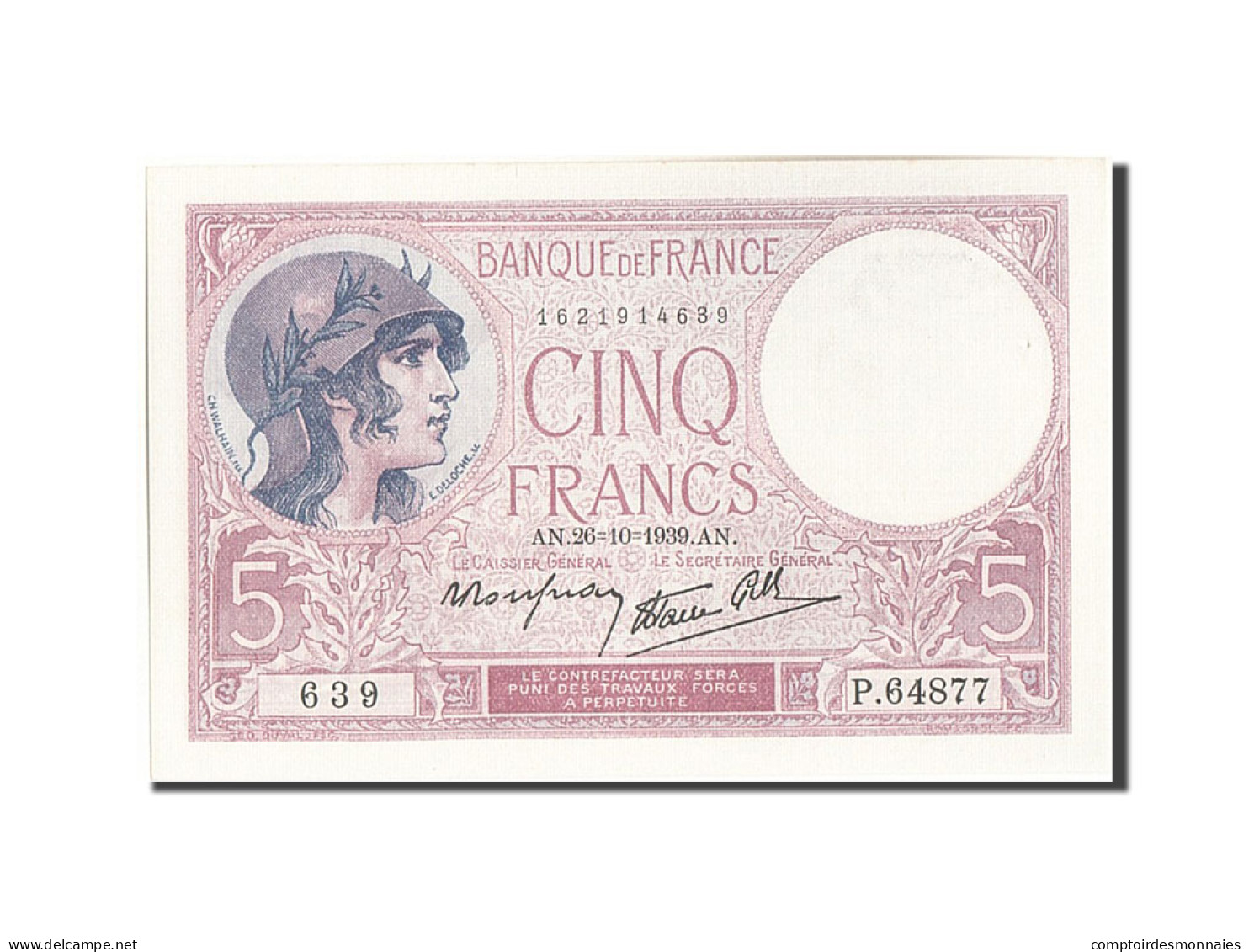 Billet, France, 5 Francs, 5 F 1917-1940 ''Violet'', 1939, 1939-10-26, SPL - 5 F 1917-1940 ''Violet''