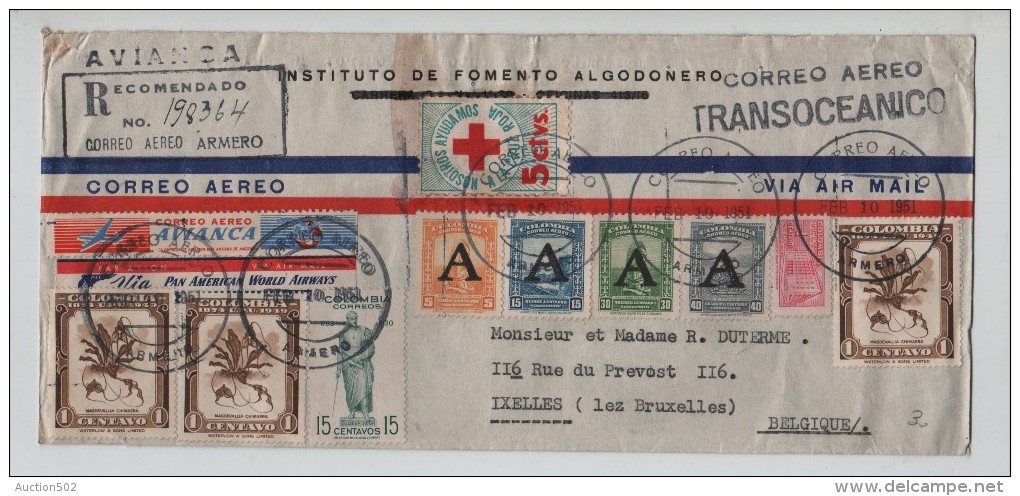 Colombia Registered Cover Air Mail Correo Aereo Armero 1951 V.Ixelles PR2387 - Colombie