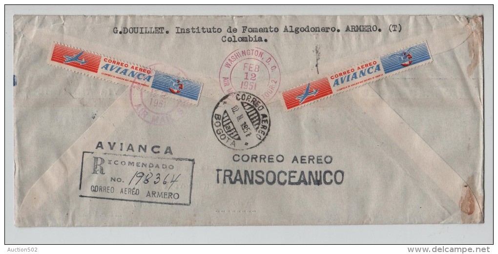 Colombia Registered Cover Air Mail Correo Aereo Armero 1951 V.Ixelles PR2387 - Colombie